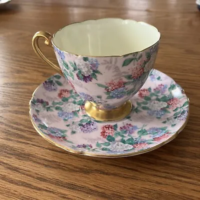 Shelley Teacup &Saucer “Summer Glory” Pink Heavy Gold Lavender Blue Chintz 13381 • $59.99