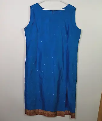 Vintage 100% Silk Sleeveless Indian Long Summer Dress Womens Sz L Blue Gold Trim • $49.95
