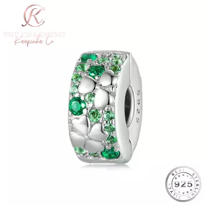 Clip Stopper Charm Genuine 925 Sterling Silver - Green Lucky Clover CZ Crystal • £16.99