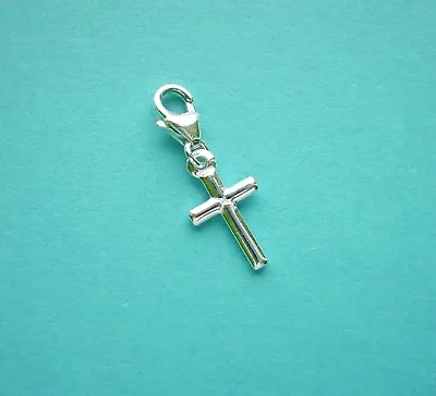 CLIP ON SOLID STERLING SILVER CROSS CHARM On 925 Trigger Clasp • £5.62