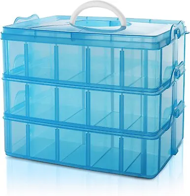 Stackable 3 Tier Blue Plastic Craft Storage Box With 30 Adjustable Compartments • £14.99