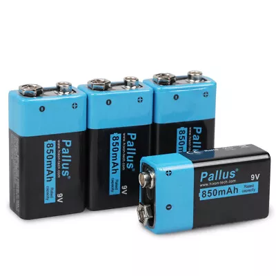 Pallus 4pcs 9Volt Lithium Battery 850mAh High Capacity 9V Rechargeable Batteries • £32