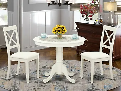 3pc Antique Dinette Pedestal Kitchen Table + 2 Leather Padded Chairs Off-white • $399