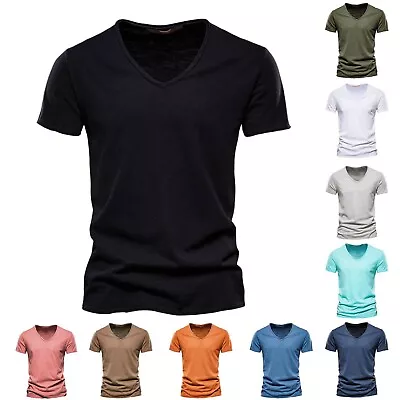 Mens Fashion Casual Solid Color Cotton V Neck Short Sleeve T Shirt Top • $13.99