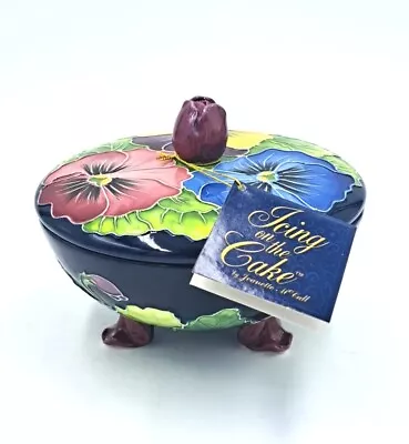 J McCall Blue Sky Icing On The Cake Footed Covered Candy Dish 2004 Floral Tags  • $28