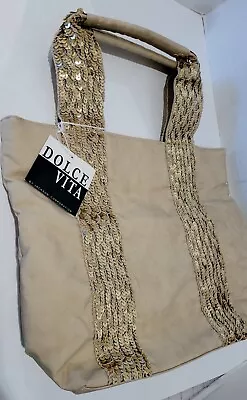 DOLCE VITA FABRIC TOTE/HANDBAG/PURSE~Tan Shimmery Fabric W/Gold Sequin Strap~NEW • $37.95