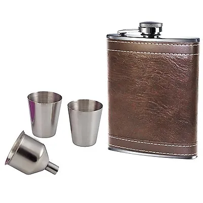 8oz Hip Flask Set Brown Leather Effect Quality Stainless Steel 2 Cups Funnel • £8.99