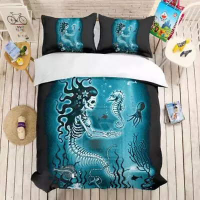 Skull Mermaid Hippocampus Quilt Duvet Cover Set Full Soft Bedspread Kids • $54.99