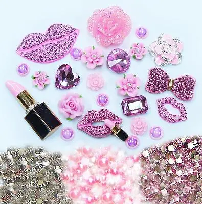$17.99 • Buy DIY 3D Pink Lips Alloy Bling Glass Gems Flatback Decoden Cabochons Deco Kit