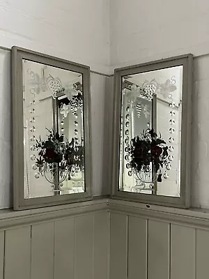 Antique Pair Framed Etched Hand Painted Floral Gypsy Style Mirror Wall Hanging • £95