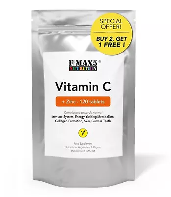 Vitamin C + Zinc Tablets High Strength Immune System Health Support - 120 Pack • £5.99