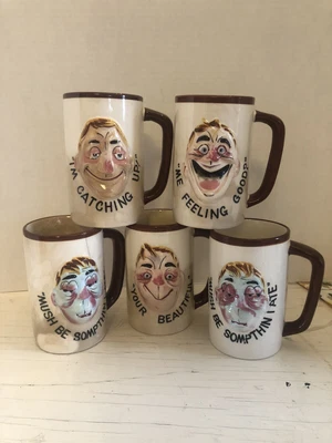 $30 • Buy 5 Vintage Enesco Japan 3-d Drunk Face Coffee Mugs  Me Feeling Good?  Rare