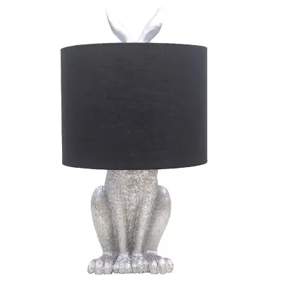 Silver Resin Hiding Hare Table Lamp With Black Drum Shade 46cm • £46.99