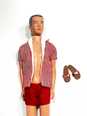 Vintage 1963 Mattel Ken ORIGINAL RED STRIPE JACKET SWIMSUIT & SANDALS COMPLETE • $44