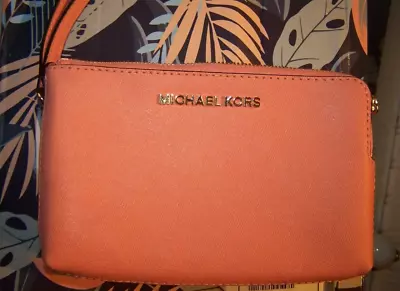 Michael Kors Jet Set Wallet Zip Wristlet Coral Pink Saffiano Gold Letter 6.5 X 4 • $30.88