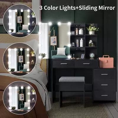 Vanity Makeup Table Dressing Desk Set 10 LED Lighted Sliding Mirror With Stool • $172.99