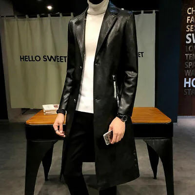 Mens Pu Leather Overcoat Lapel Collar Long Jackets Trench Coat Outwear Parka New • $125.35