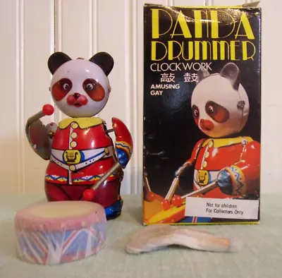 Vintage Tin Litho Clock Work Toy Panda Drummer China With Key  UNUSED IN BOX • $15