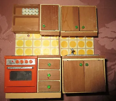 2 Vtg Lundby Doll House Miniature Yellow Orange Kitchen Sink Unit Stove Cabinets • $26.99