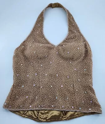 VTG Newport News Easy Style Women's Full Sequin Halter Top 100% Silk Beige Sz 10 • $33.99