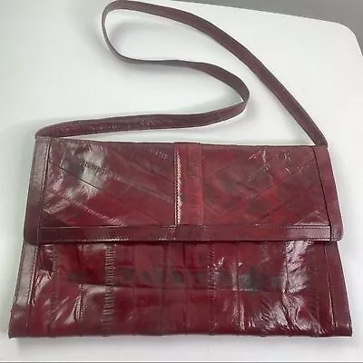 Vintage 1980's Genuine Eel Skin Purse Handbag Maroon Shoulder Bag Clutch Purse • $36