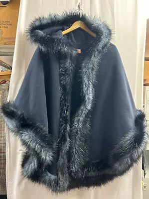 £8.50 • Buy John Lewis Navy Blue Faux Fur Poncho Fleece Cape Wrap With Hood One Size CG P12