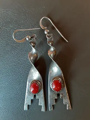 Vtg Sterling Silver Native American Navajo Sterling Coral Earrings Signed Mo-ka • $90