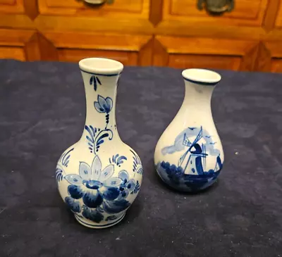 2 VINTAGE DELFT BLUE MINI VASES ~ 3 1/2  & 4  ~ Both Marked! • $14.50