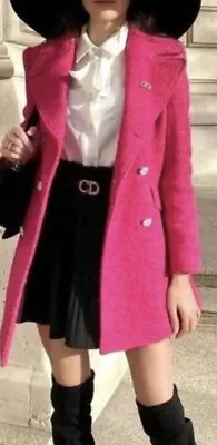 $50 • Buy ZARA WOMAN FANTASY TWEED PINK LONG Diamond BUTTONS COAT BLAZER JACKET- S