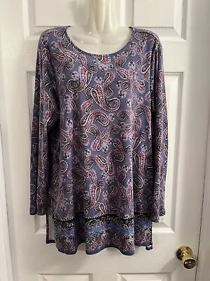 J Jill Women's Tunic Length Knit Top - Size Large - Paisley Print On Blue • $10