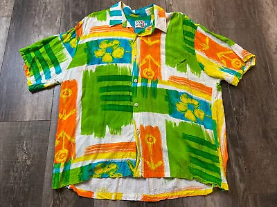 Jams World Mens Hawaiian Shirt XXL Icons Button Up Floral Green Orange Blue • $59.99