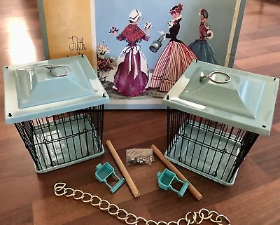 2 VINTAGE Decorative Bird Cages NOS Teal Blue 7x6 Join With Chain 1950/60 • $35