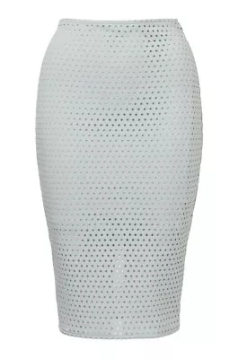 Kookai Skirt Size 1 8 10 Pale Blue Laser Cut Out Perforated Knee Length Bodycon • $7.99