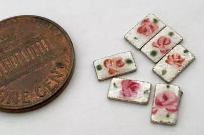 $3.85 • Buy Vintage Hand Painted Enameled Metal Guilloche Floral Rectangular Cabs Japan 6