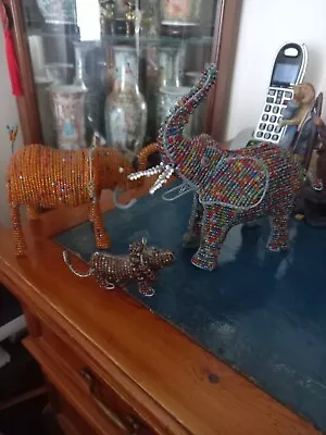 £14.99 • Buy 2 X African Beaded Wire Elephants Plus A Beaded Wire Lion