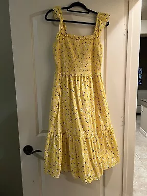 Kate Spade Fleurette Toss Smocked Dress Yellow Floral Sz Large Sleeveless Midi • $60