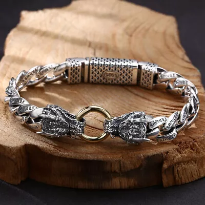 Pure Sterling Silver S925 Handmade Six-word Motto Curb Chain Dragon Bracelet • $151.80