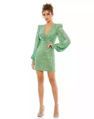 Ieena For Mac Duggal Sequined Structured Bishop Sleeve Mini Dress Light Green 2 • $162
