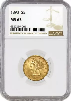 1893 $5 Liberty Head Half Eagle Gold NGC MS63 Brilliant Uncirculated Coin #006 • $799.98