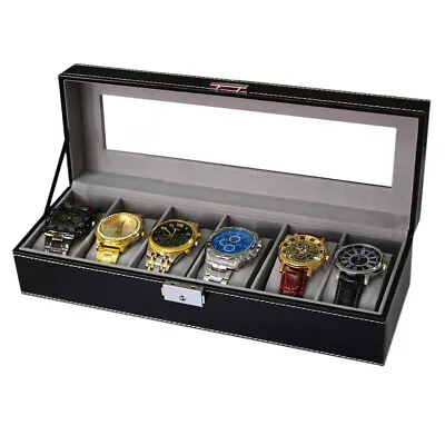 NEX 6 Slot Leather Watch Box Display Case Organizer Glass Jewelry Storage Black • $21.89