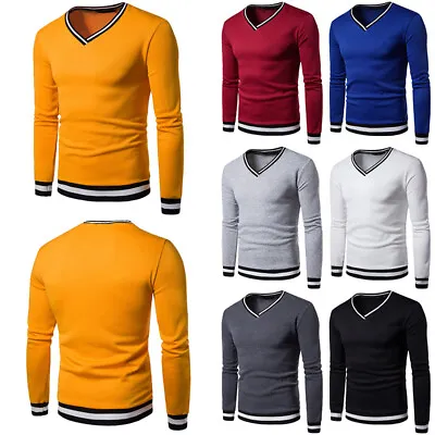 Mens V Neck Soft Touch Knitted Long Sleeve Jumper Sweater Office Pullover UK • £5.99