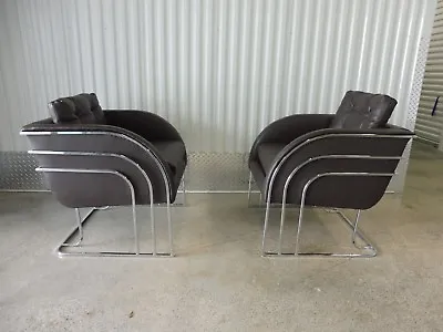Pair Of 1970's Directional Milo Baughman Leather Lounge Chairs • $2400