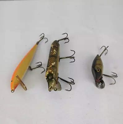 Vtg Tomic Fishing Lures Lot Of 3 Heddon Midget River Runt Shut Strike HV Rapala • $28.95