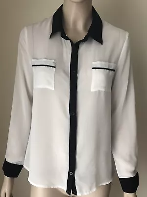 MINE Sheer Button Front Blouse Shirt Size M White Black • $12.95