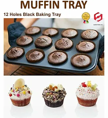£7.99 • Buy Black Non Stick 12 Cup Baking Tray Mini Bun Tray Tin Cupcake Cake Muffin NEW