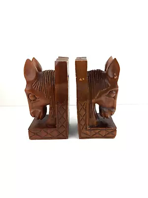 Vintage 1970 Made In Philipines  Wood Brown Carved Horse Head Bookends Book Ends • $24.99