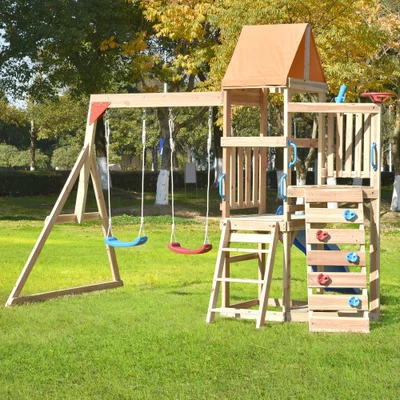 £479.99 • Buy Wooden Climbing Frame Garden Playhouse - Outdoor Swing Set With Slide & Sandpit