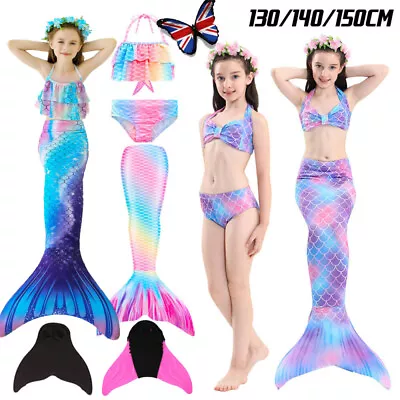 Kids Mermaid Tail With Monofin Swimmable Bikini Set Swimsuit Swimming Costume • £11.65