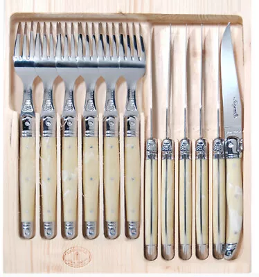 Jean Dubost Deluxe Laguiole 12 Piece Light Horn Steak Knife And Fork Set 1.5mm • $260