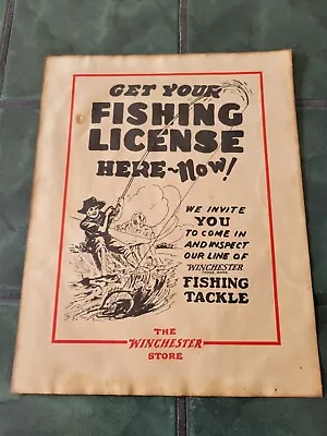 Vintage WINCHESTER STORE SPORTSMENS HEADQUARTERS FISHING TACKLE LICENSE Sign • $69.99